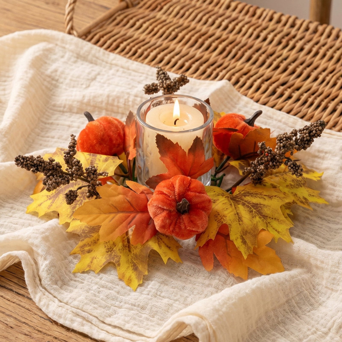 Fall Maple Leaf Front Door Wreath, Multicolor Plastic Seasonal Wreath for Halloween Thanksgiving Christmas Indoor Wall Fireplace Home Decor, 9.84 Inch