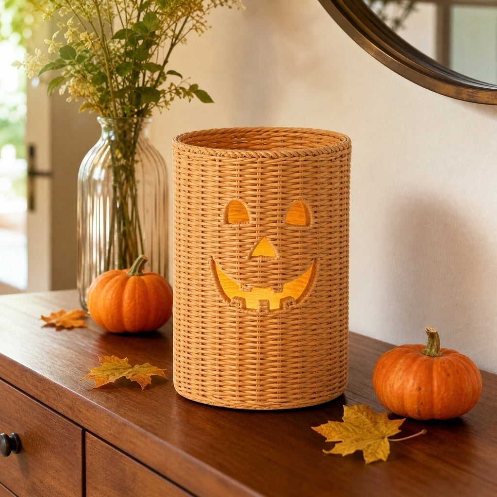 Aximioll Halloween Black Woven Jack-O-Lantern Pumpkin Decor, Hand Woven Rattan Wicker Style Statue, Trick or Treat Candy Bowl Lantern for Porch Entryway Fireplace Mantel Table, Black, 11 Inches