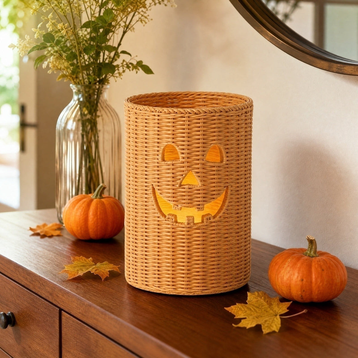 Aximioll Halloween Black Woven Jack-O-Lantern Pumpkin Decor, Hand Woven Rattan Wicker Style Statue, Trick or Treat Candy Bowl Lantern for Porch Entryway Fireplace Mantel Table, Black, 11 Inches