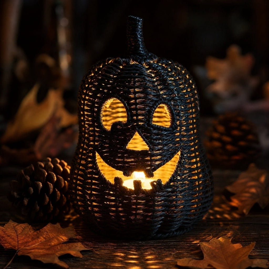 Aximioll Halloween Black Woven Jack-O-Lantern Pumpkin Decor, Hand Woven Rattan Wicker Style Statue, Trick or Treat Candy Bowl Lantern for Porch Entryway Fireplace Mantel Table, Black, 11 Inches