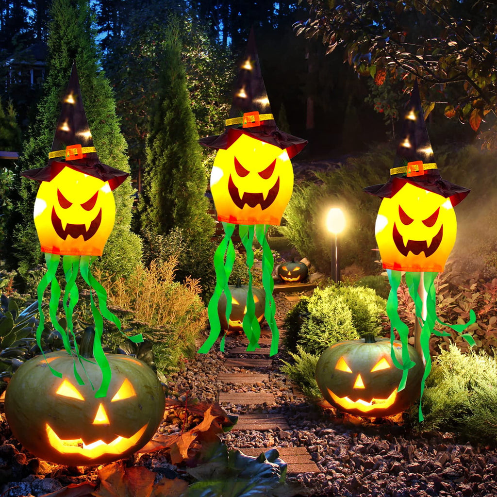 TETOU 5Pcs Halloween Decorations Outdoor Hanging Lights, Glowing Pumpkin Witch Hat Led Scary Light for Indoor Outside Party Tree Garden Porch Halloween Decoration - Warm Color