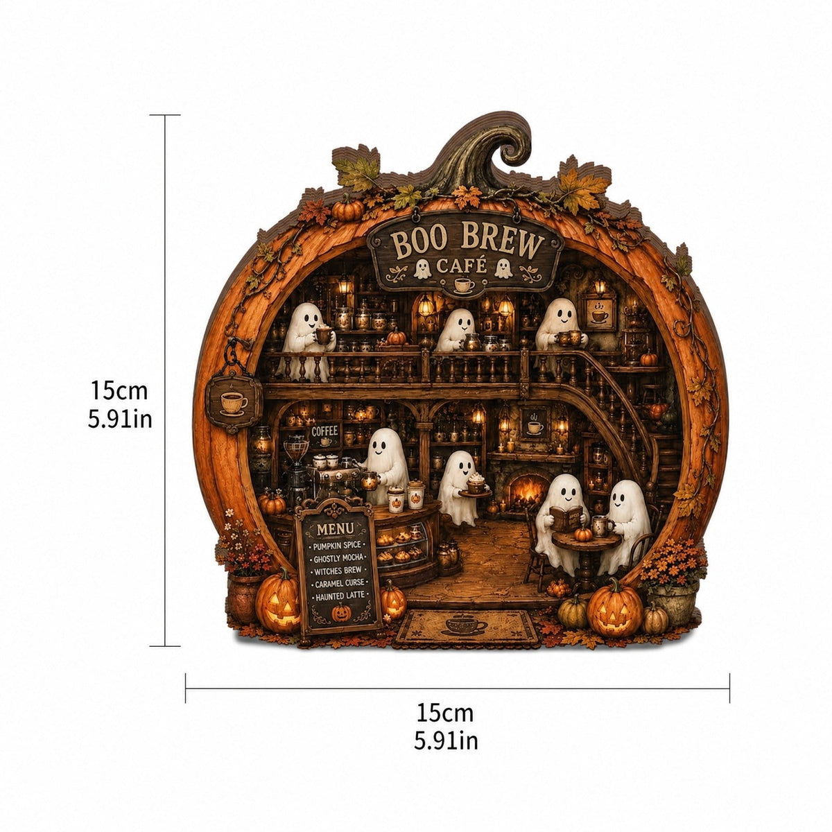 Halloween 2D Wooden Decoration, Ghost Pumpkin Cafe Tabletop Decor with Spooky Tavern Scene Design, Halloween Home Decor for Shelf Mantel Desk Display, Fall Decor and Seasonal Home Decorations