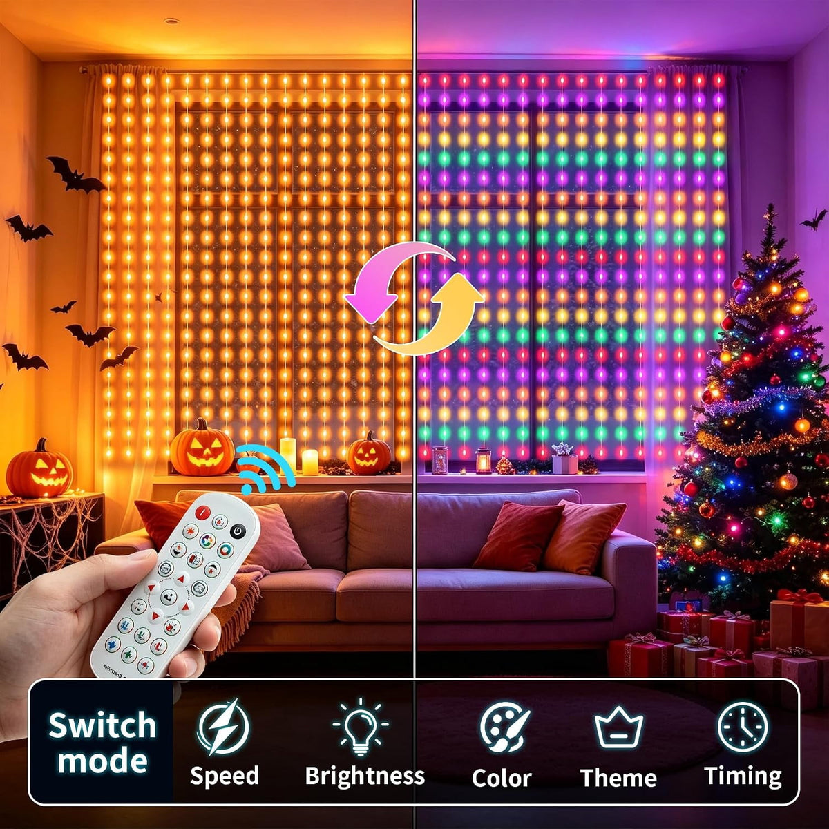 SuperRGB Smart Curtain Lights,400 LED 9.8ft x 9.8ft APP & Remote Control Color Changing RGB Dynamic DIY Fairy String Lights for Bedroom Backdrop Wall Window Decor
