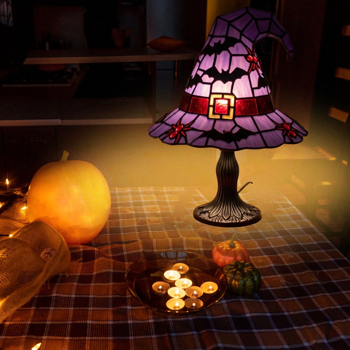 Halloween Pumpkin Night Light With Witch Hat Acrylic LED Tabletop Ornament, Spooky Glowing Figurine for Home Party Bedroom Holiday Decoration