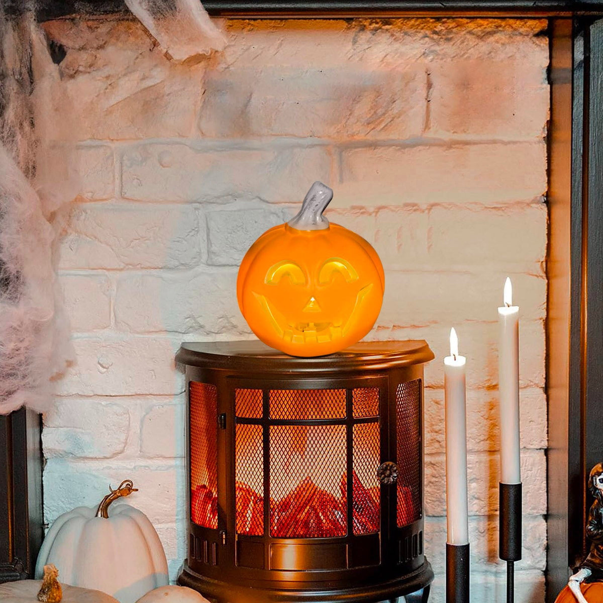 Coollooc Halloween Pumpkin Lantern Decor - Battery Powered Light Up Jack-O-Lantern for Backyard Lawn Garden Indoor Fireplace Mantle Outdoor Decorations, 5 Inch Smile Face
