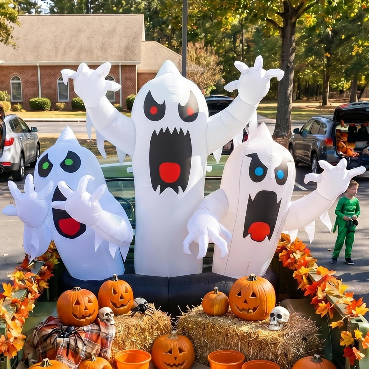 Joyfy 5 FT Halloween Inflatable Ghost Decoration with Colorful LEDs,Trunk or Treat Car Decorations Kit Ghost Trio with Built-in LED Light for Halloween Party Indoor,Outdoor,Yard,Garden Decor