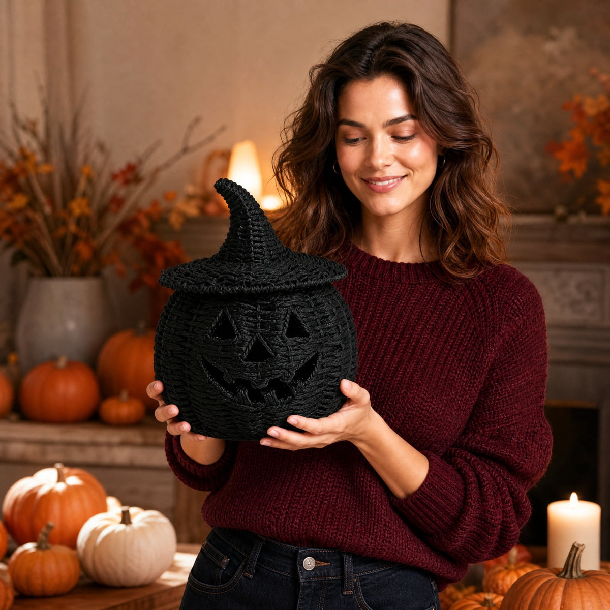 Black Woven Pumpkin Basket with Witch Hat Cover Lid, 11" Halloween Jack-O-Lantern Woven Container, Handcrafted Rattan Pumpkin Tabletop Centerpiece for Home Office Halloween Party Table