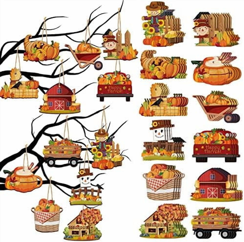 48 Piece Fall Wooden Tree Ornaments Pumpkin Scarecrow Thanksgiving Maple Leaf Decorations