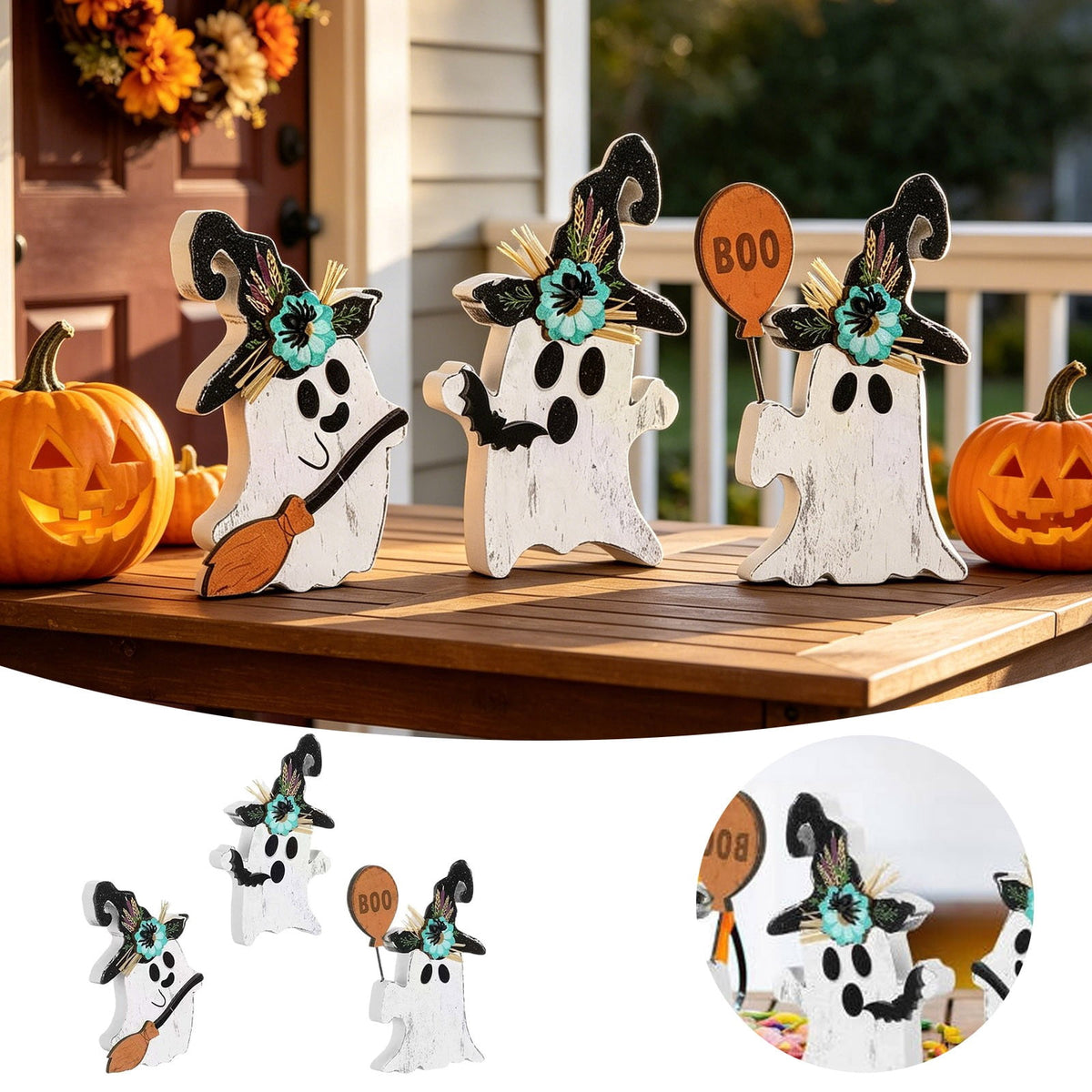 Halloween Ghost Figurine, Resin Lighted Ghost Ornament with Pumpkin Lantern & Beverage Cup, Tabletop Halloween Indoor Decor