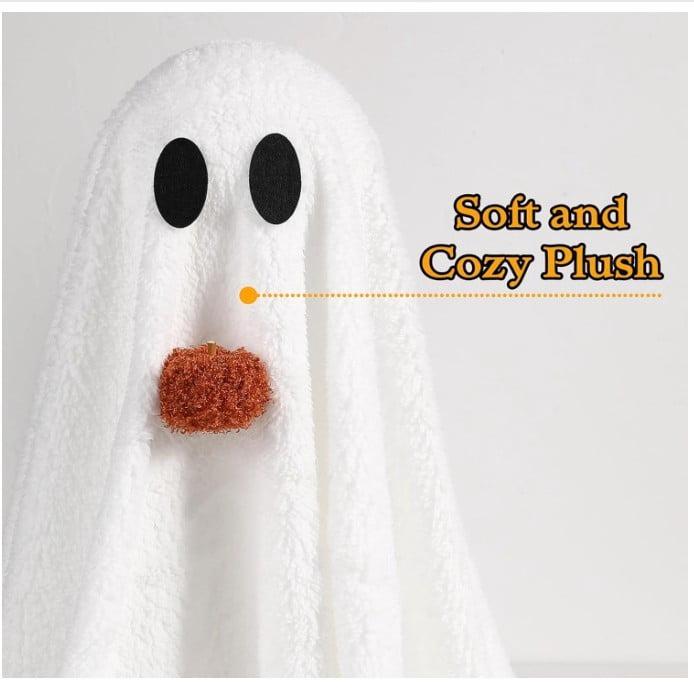 Light Up Plush Ghost with Pumpkin Ornament, Cute White Fabric Ghost Decoration with Warm LED Light, Halloween Luminous Farmhouse Tabletop Decor for Mantel, Shelf and Home Display