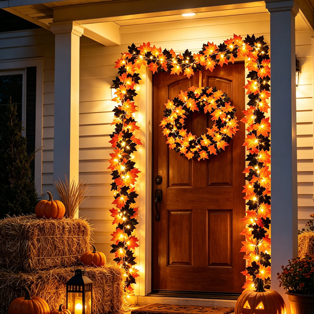 Halloween Black Garland with LED Lights 70.87 Inch Gothic Foliage for Mantel Stair Halloween Party Home Indoor Decor