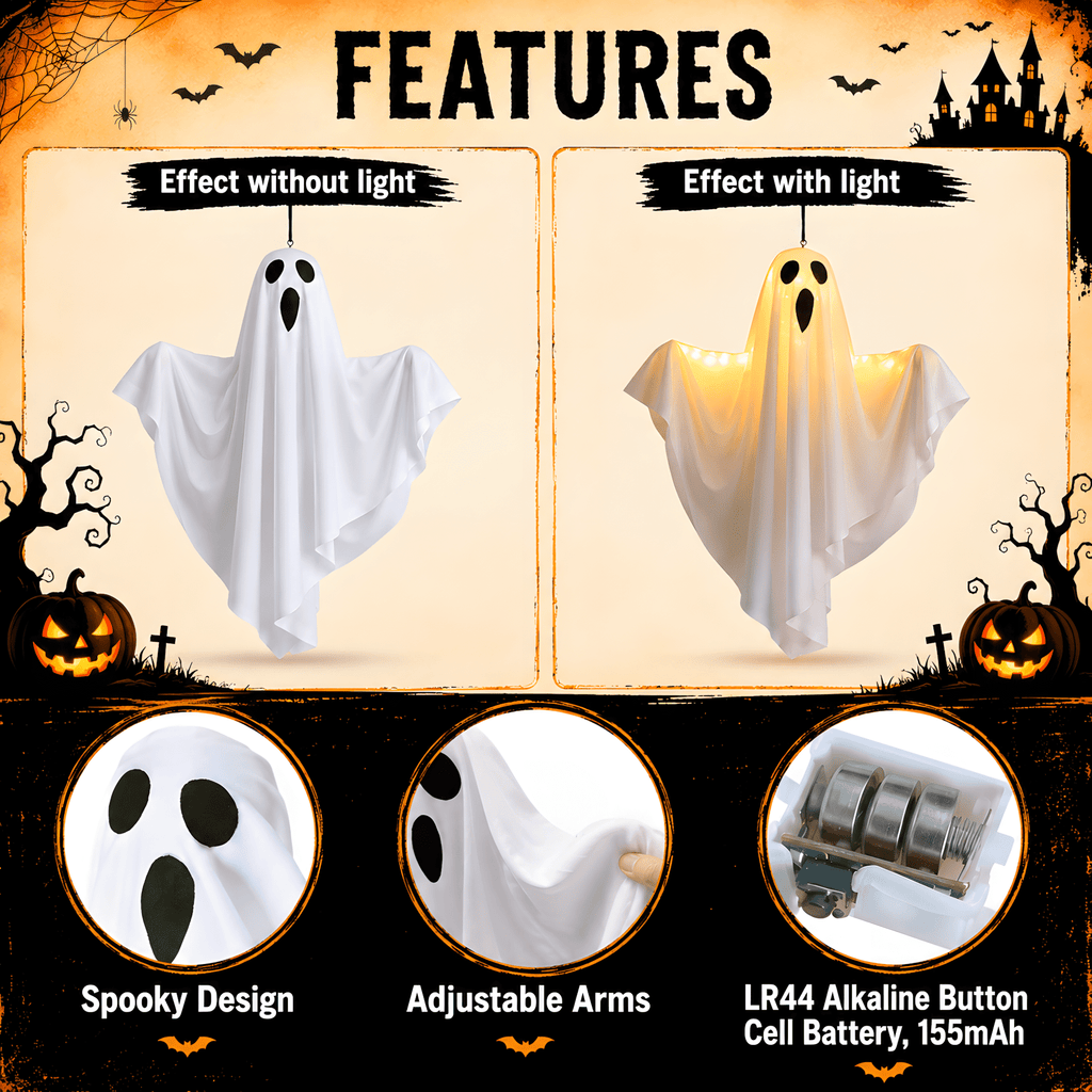 DAYBETTER Halloween Hanging Ghosts Decoration, LED White Ghost Light Up Kit Decor with adjustable arms for Indoor Outdoor Garden Yard Porch Scary Cute Halloween Ghost Decor Gifts (2 Pack)