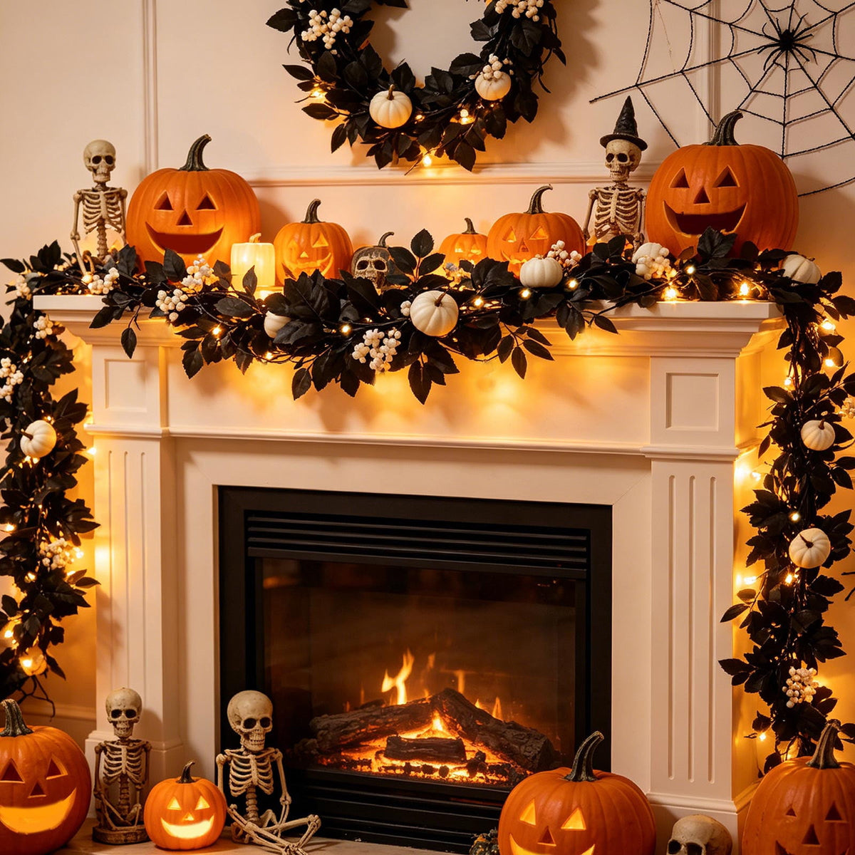 Halloween Black Garland with LED Lights 70.87 Inch Gothic Foliage for Mantel Stair Halloween Party Home Indoor Decor