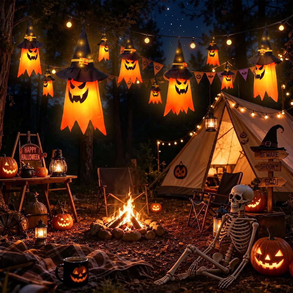Scidweet Halloween Decorations Indoor Outdoor, 5 Pcs Halloween Lights Glowing Ghost Witch Hat Ornaments Gifts for Home Garden Yard