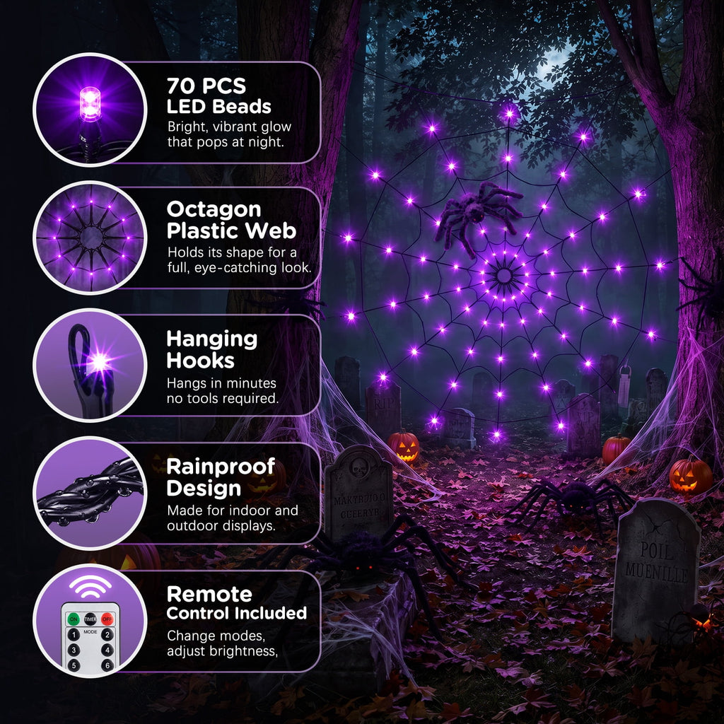 Ayieyill Halloween Spider String Lights,4FT 70 Purple LED with Realistic Spiders, 8 Lighting Modes , Halloween Decorations Indoor Outdoor