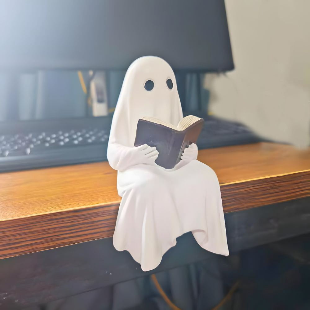 Halloween Ghost Figurine, Resin Lighted Ghost Ornament with Pumpkin Lantern & Beverage Cup, Tabletop Halloween Indoor Decor
