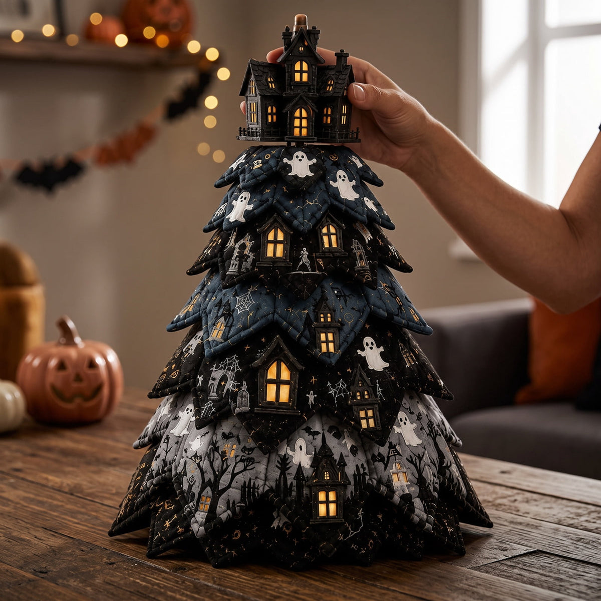 Halloween Fabric Trees - 11.8" DIY Halloween Quilted Fabric Tree Kit, Black Cat Pumpkin Witch Design, Sewing Patchwork Ghost Trees Holiday Table Mantel Decor, Handmade Gift for Craft Lovers