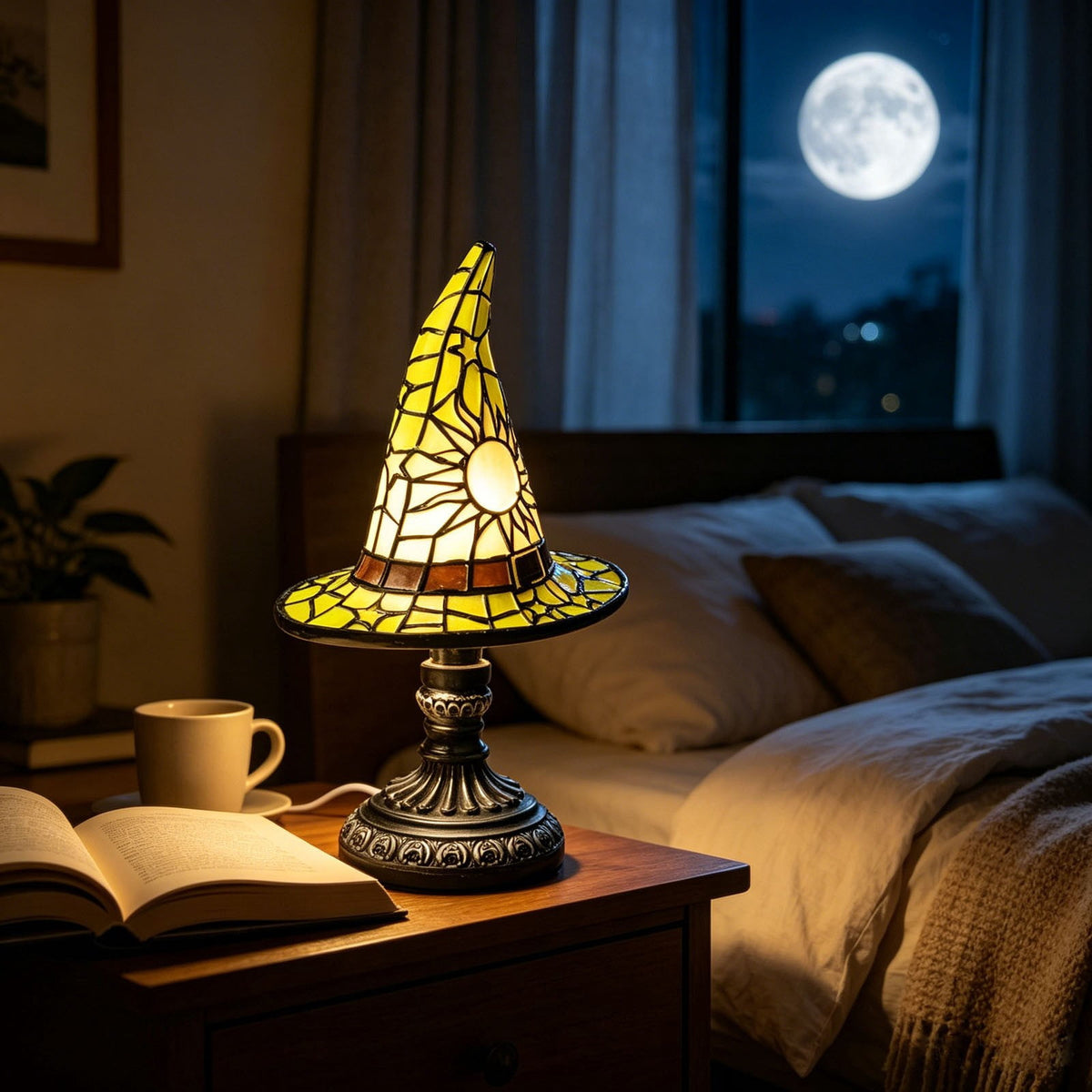 Stained Glass Witch Hat Lamp Gothic Halloween Lighting Decor, Vintage Witchy Hats Night Lights, Handcrafted Retro Resin Table Lamp for Bedroom, Living Room & Home Decor