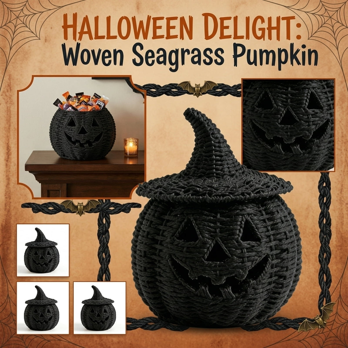 Handwoven Rattan Ghost Lantern with Witch Hat - 13.78 Inch White Wicker Ghost Decor, Light Up Halloween Decorations for Indoor Outdoor, Porch, Patio, Spooky Home Decor, Fall Harvest
