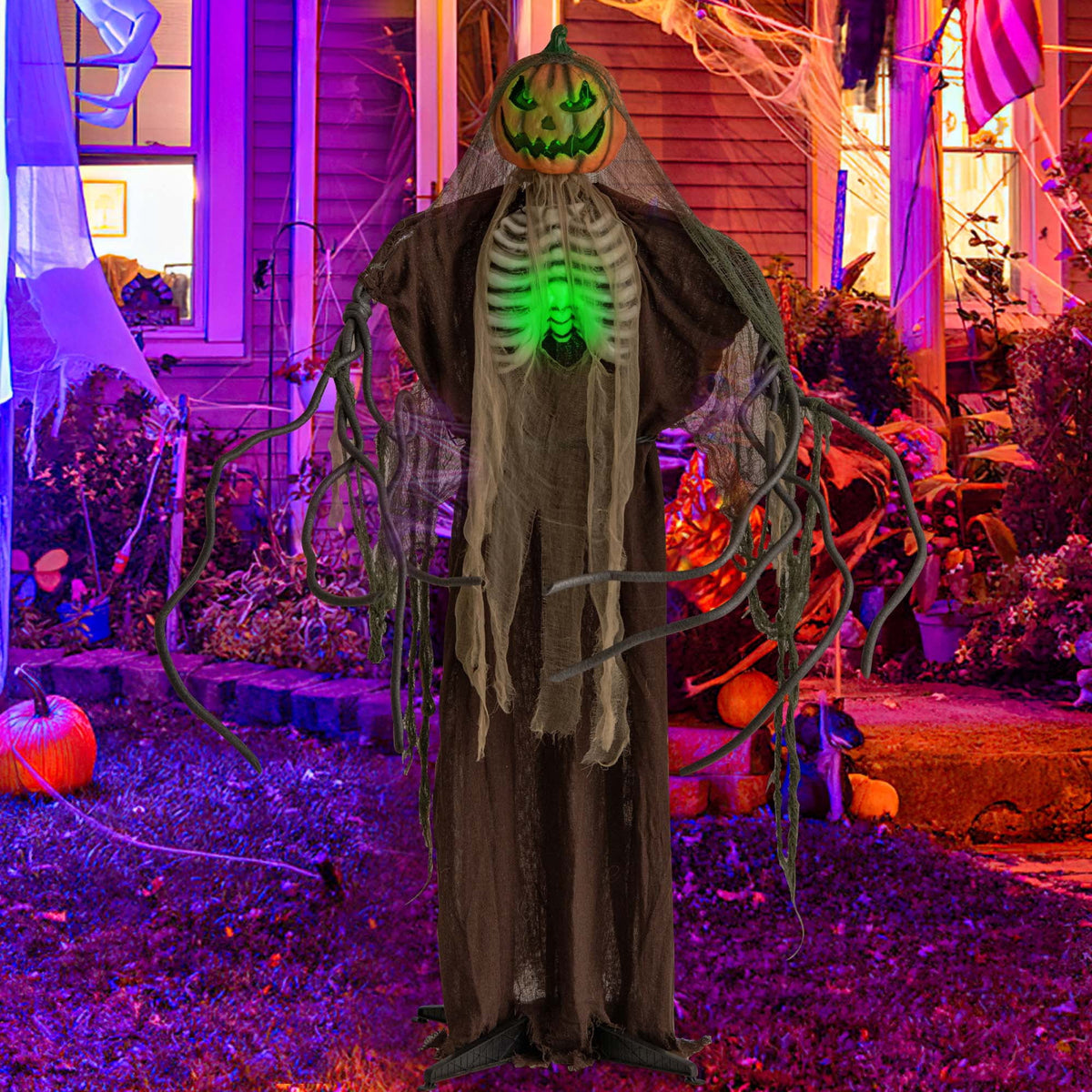 Costway 5.75ft Halloween Animatronics Decoration Talking Ghost Pumpkin with Glowing Ribs and Moving Head Sound & Touch Activated Standing Prop