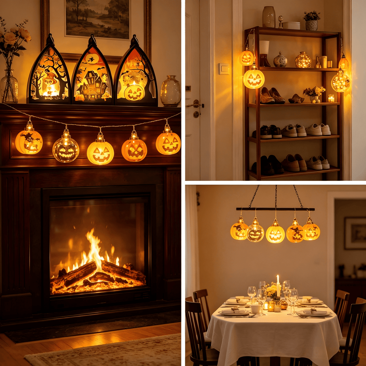 3 Pack Halloween LED Lantern Decor, Skeleton Haunted House Pumpkin Pattern, Battery Operated Tabletop Hanging Decor for Halloween Party Fireplace Mantel Indoor Home Decor