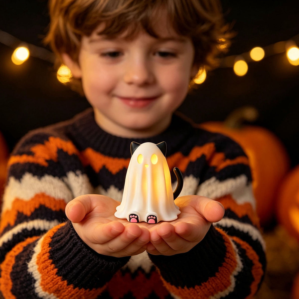 Halloween Ghost Figurine, Resin Lighted Ghost Ornament with Pumpkin Lantern & Beverage Cup, Tabletop Halloween Indoor Decor