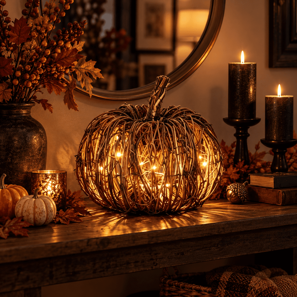 Kuokaa Lighted Fall Rattan Wicker Pumpkin Table Decor with Warm LED Glow, Woven Halloween Tabletop Decoration for Mantel, Entryway and Window Display