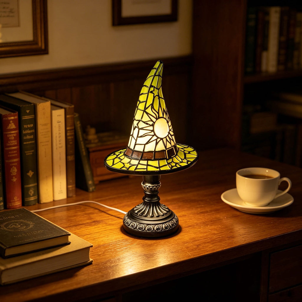 Stained Glass Witch Hat Lamp Gothic Halloween Lighting Decor, Vintage Witchy Hats Night Lights, Handcrafted Retro Resin Table Lamp for Bedroom, Living Room & Home Decor