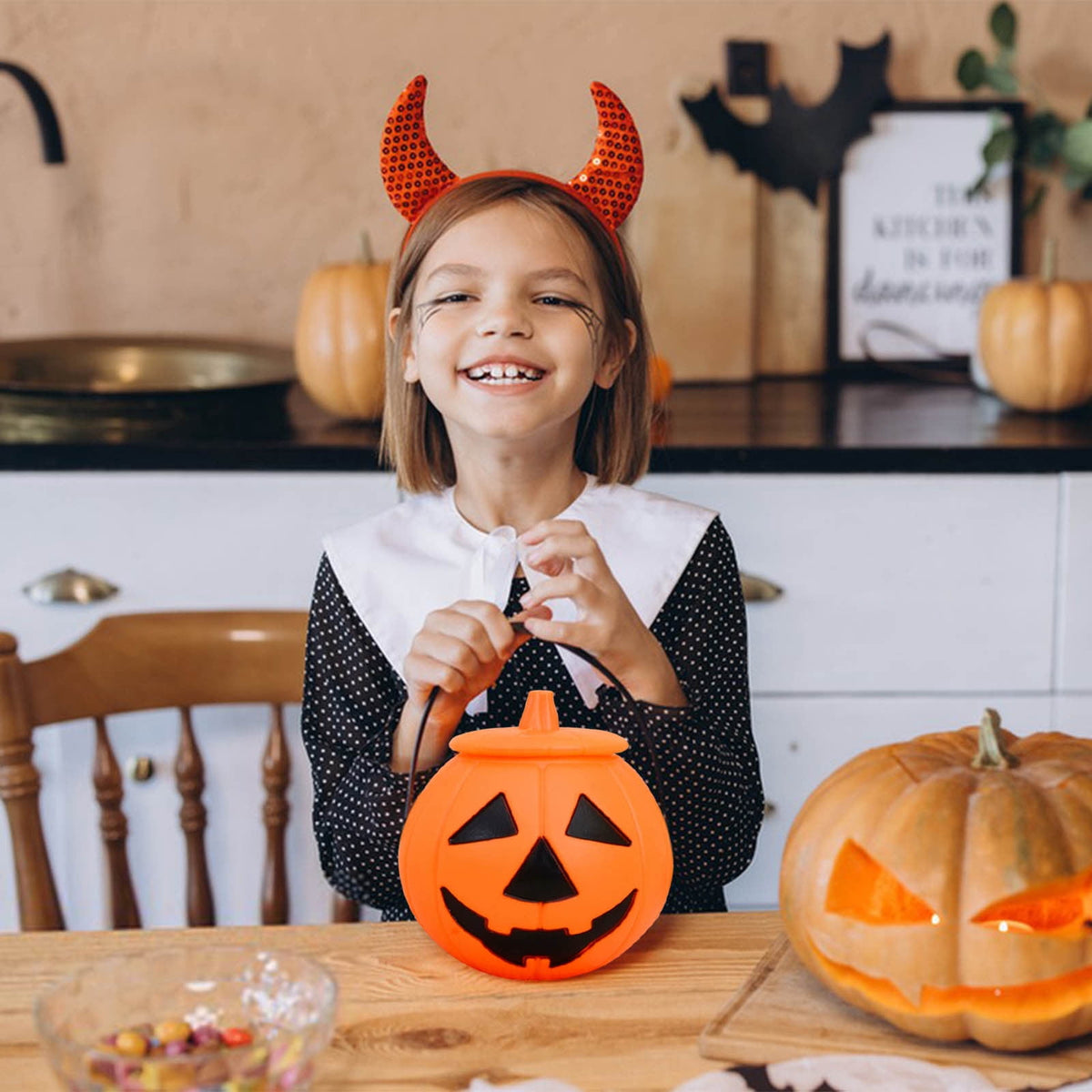 Kyusrd Trick or Treat Halloween Lantern Pumpkin Decoration Lighted Table Centerpieces Ornaments Spooky Pumpkin Prop Decor Decorative Wedding Candy Bowl Organizer Canisters