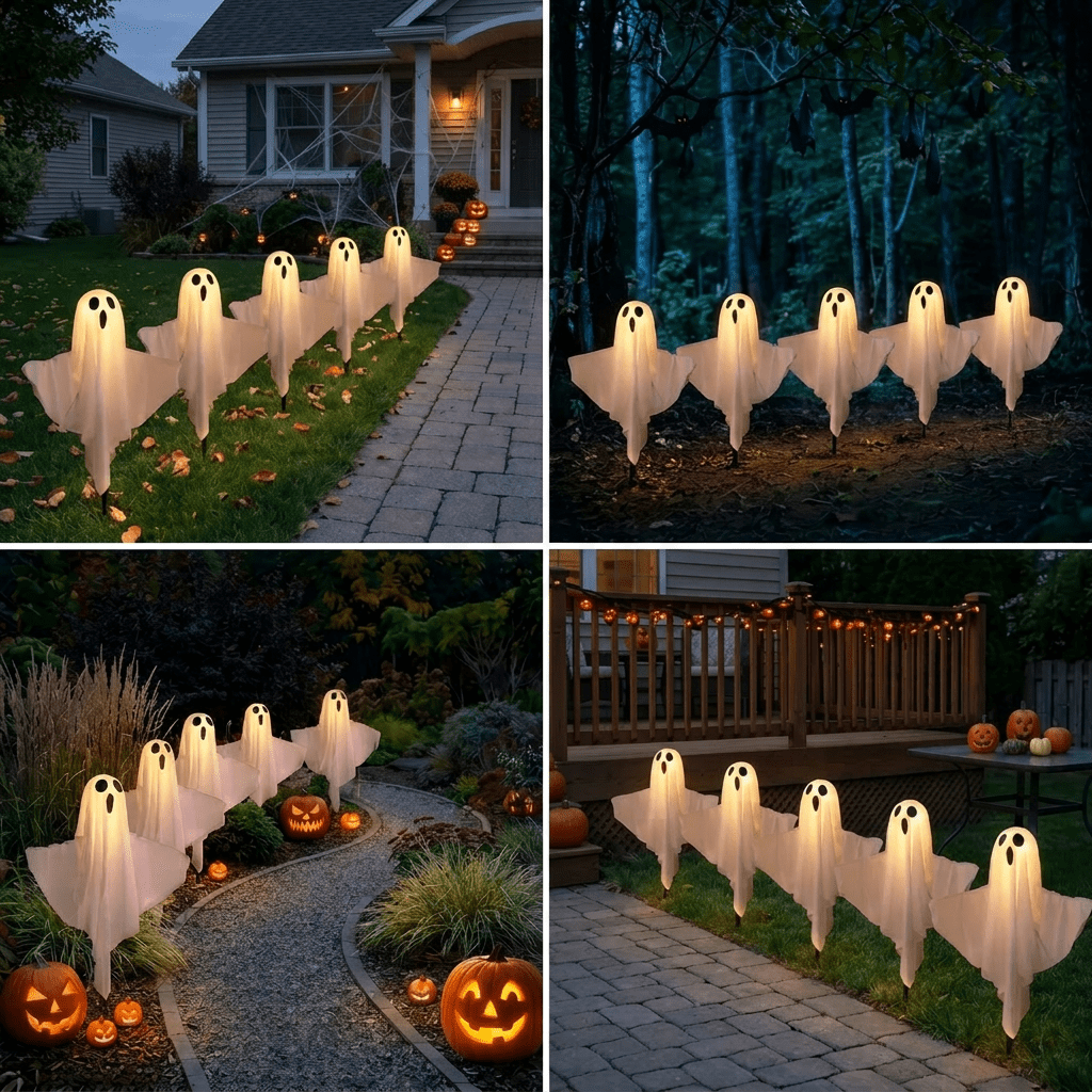 DAYBETTER Halloween Decorations Outdoor, 5pack Ghost Outdoor Pathway Light, 8 Lighting Modes, Warm White Led Lights for Porch, Yard, Halloween Party Decor