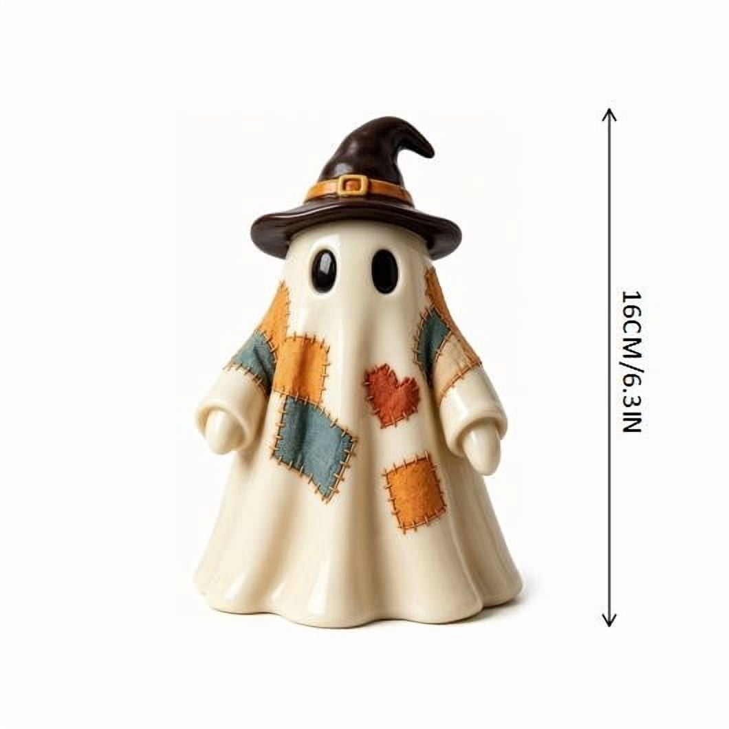Vintage Patchwork Ghost Figurine, Cute Resin Halloween Ghost Statue with Floral Bow and Pumpkin Basket, Retro Fall Tabletop Mantel Shelf Entryway Porch Decor for Halloween Thanksgiving Home Party