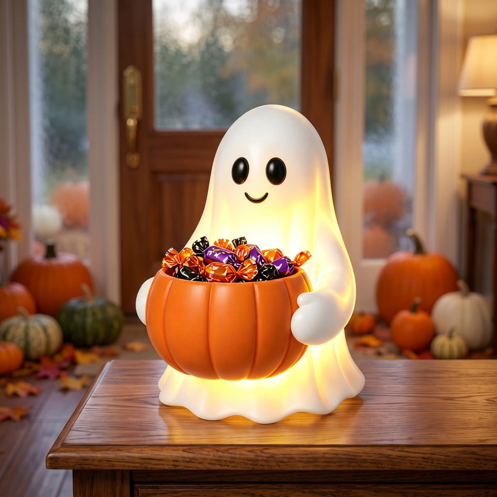 Lighted Halloween Ghost Candy Bowl, Cute LED Ghost Holding Pumpkin Candy Bucket for Trick or Treat, Outdoor Halloween Decorations for Front Porch, Indoor Yard Patio Halloween Decor