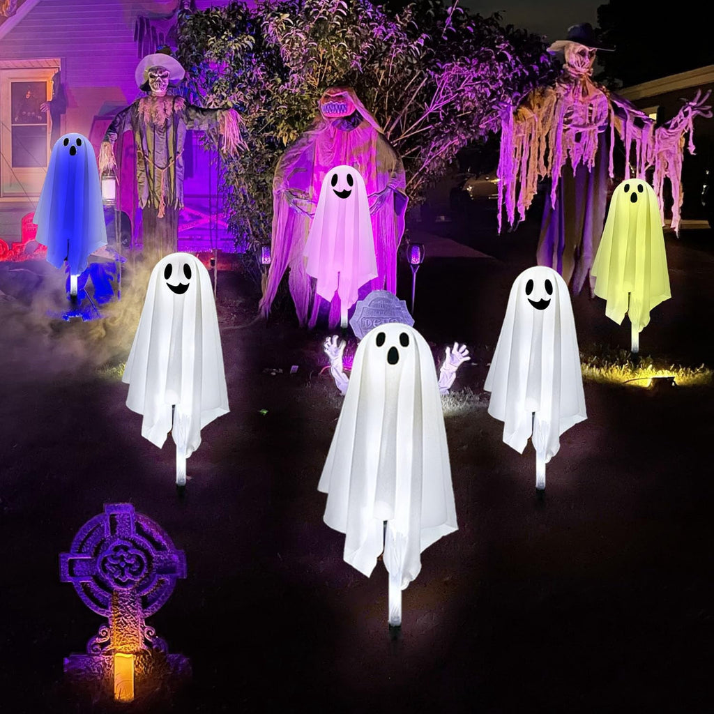 Halloween Ghost Pathway Lights with Stakes, 6PCS Solar Light Ghost Decorations, Waterproof Outdoor Lights for Yard, Lawn, Driveway, Halloween Decor