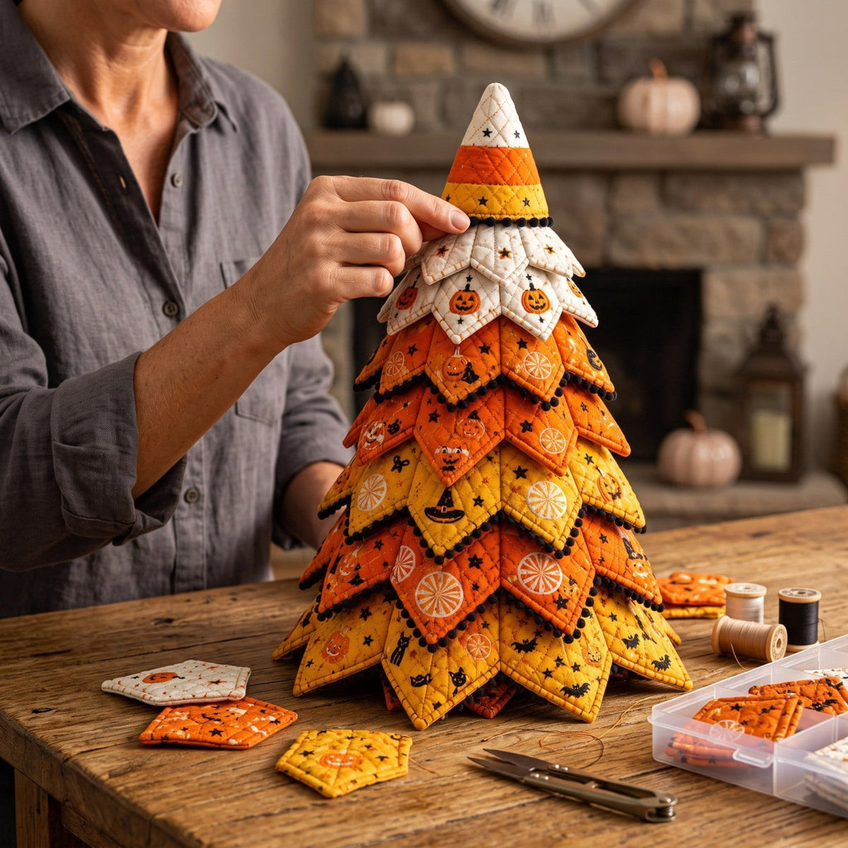 Lypsnake DIY Halloween Quilted Fabric Tree Kit, Vintage Pumpkin Sunflower Patchwork, 3D Padded Sewing Craft Project for Autumn Harvest Decor