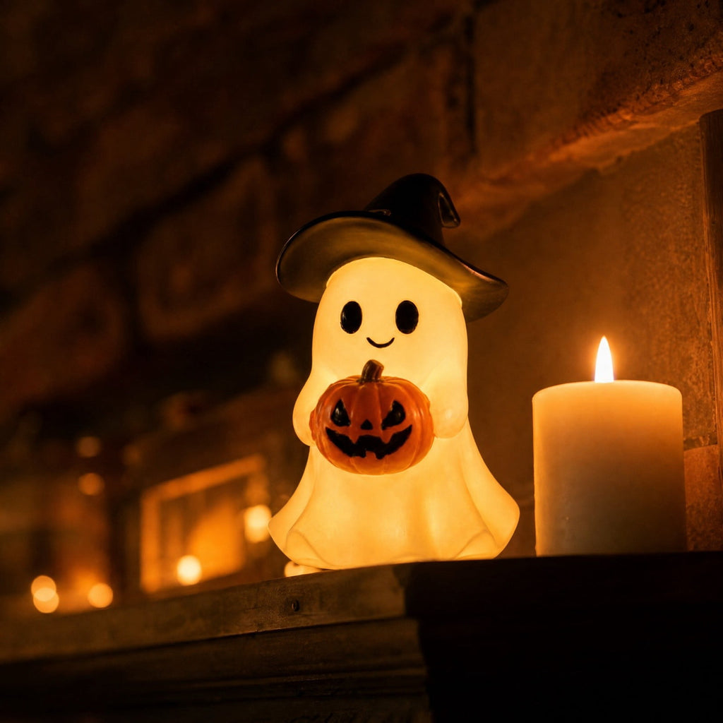 Sahpxhe Halloween Ghost Lamp Decor Warm LED Light for Halloween Mantel Shelf Tabletop Spooky Indoor Halloween Decor