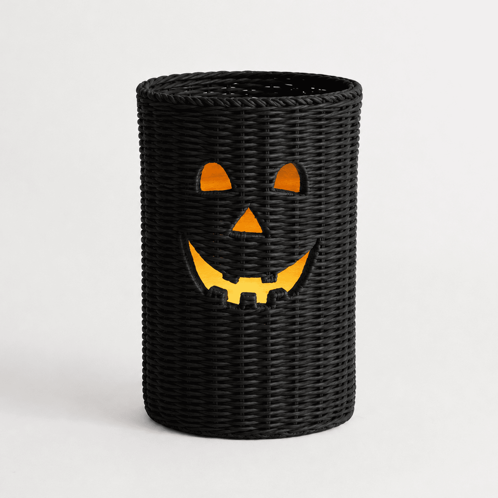 Aximioll Halloween Black Woven Jack-O-Lantern Pumpkin Decor, Hand Woven Rattan Wicker Style Statue, Trick or Treat Candy Bowl Lantern for Porch Entryway Fireplace Mantel Table, Black, 11 Inches