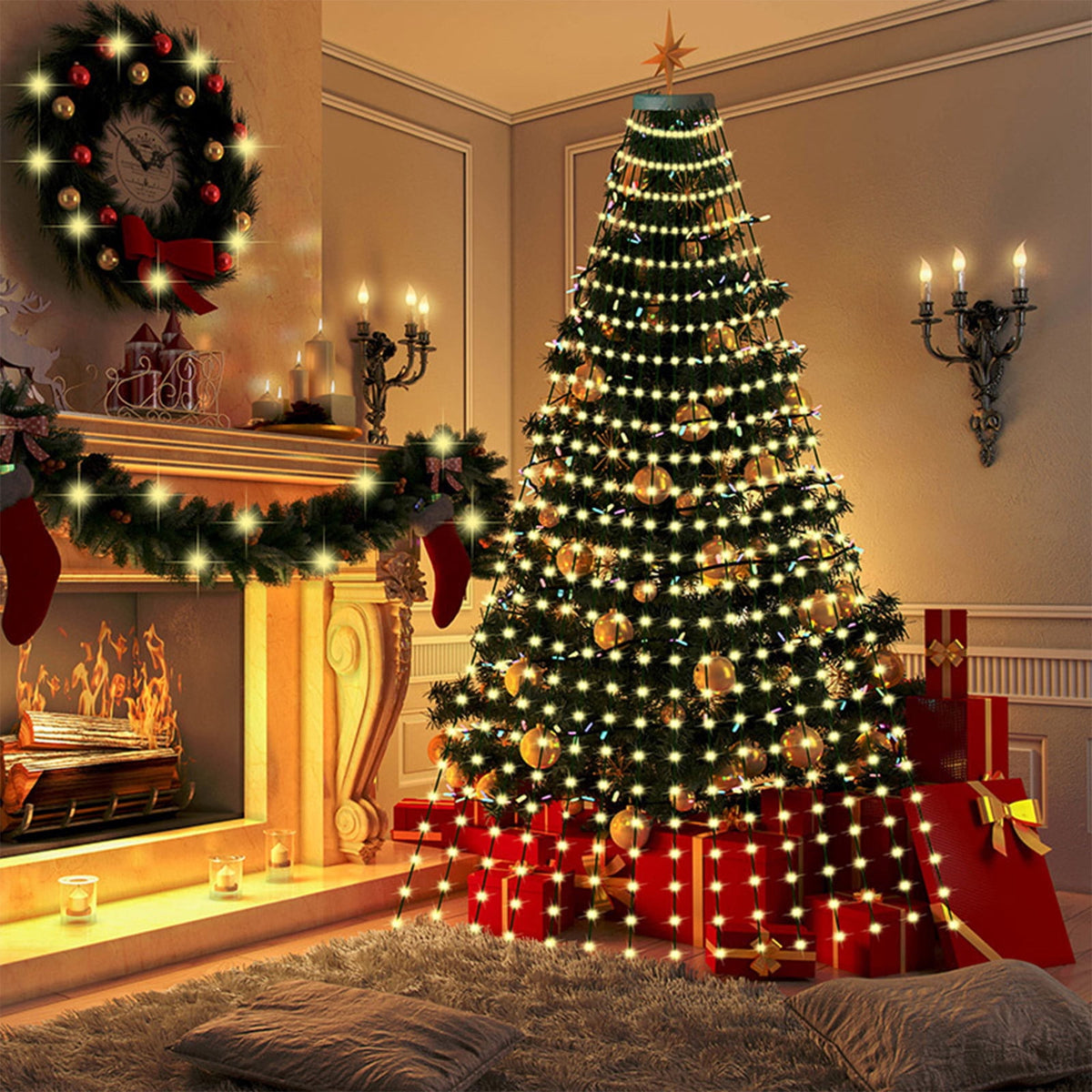 AYktou Christmas Tree Lights 6.56ft 16 Lines LED Waterfall Lights Waterproof Xmas Tree Topper Lights with Remote and USB Powered Christmas Lights for Halloween Xmas Year Holiday,Colorful