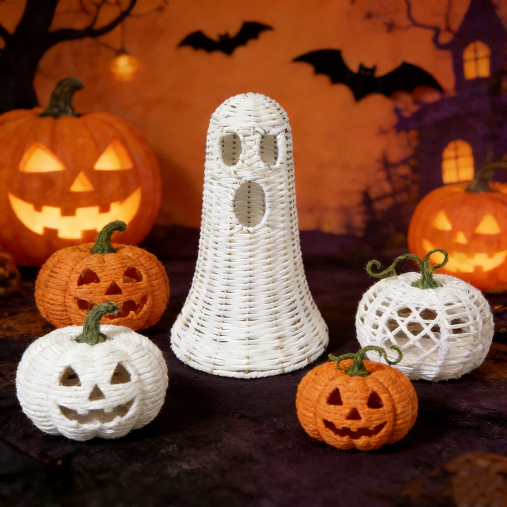 Handwoven Rattan Ghost Lantern with Witch Hat - 13.78 Inch White Wicker Ghost Decor, Light Up Halloween Decorations for Indoor Outdoor, Porch, Patio, Spooky Home Decor, Fall Harvest