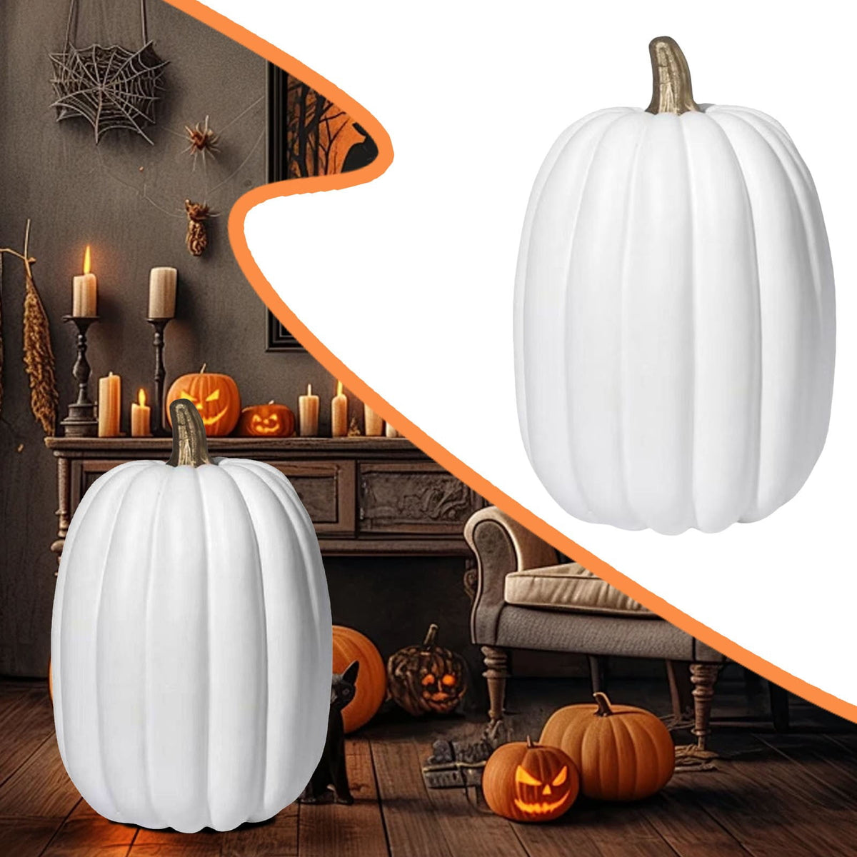 8.5 Inch Large White Pumpkins for Decorating - 1PCS Big Foam Decorative Pumpkin for Fall Decoration, Paintable Artificial Pumpkins Perfect for Halloween Thanksgiving Decor (Gold Handle)