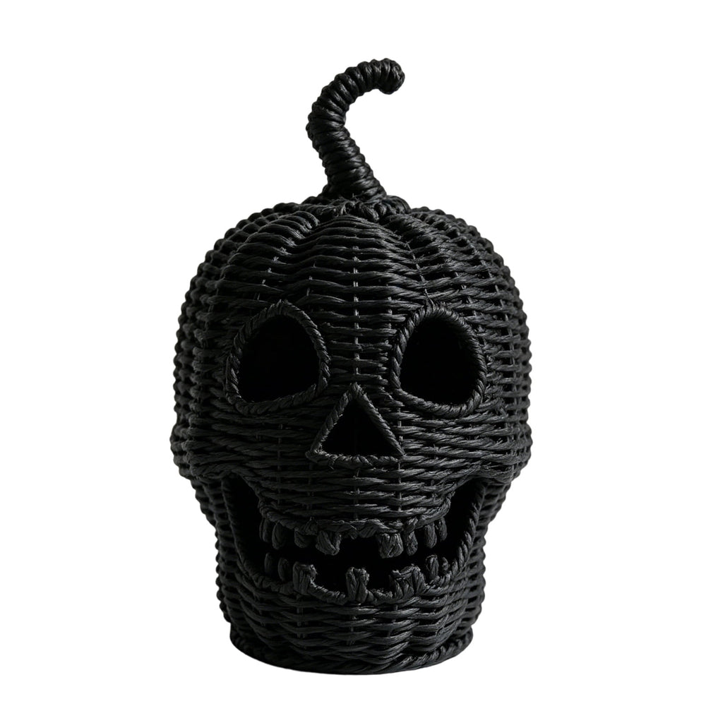 Aximioll Halloween Black Woven Jack-O-Lantern Pumpkin Decor, Hand Woven Rattan Wicker Style Statue, Trick or Treat Candy Bowl Lantern for Porch Entryway Fireplace Mantel Table, Black, 11 Inches