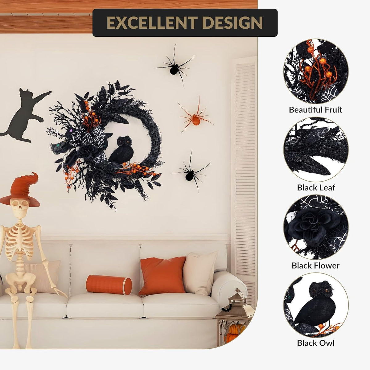 Lumiparty 20" Halloween Wreath, for Front Door, Natural Vine Base, Artificial Roses, for Holiday Decoration