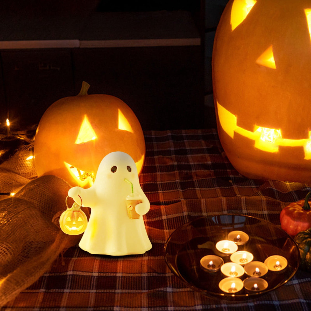 Halloween Ghost Figurine, Resin Lighted Ghost Ornament with Pumpkin Lantern & Beverage Cup, Tabletop Halloween Indoor Decor