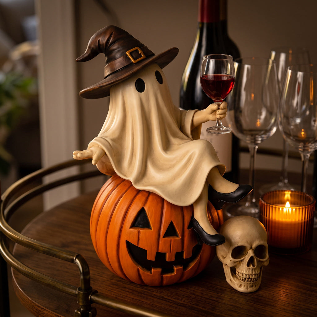 Ghost Decor, Halloween Figurines, Ghost Drinking Coffee Figurine, Witch on Pumpkin, Wine Glass, Spooky Home Accent