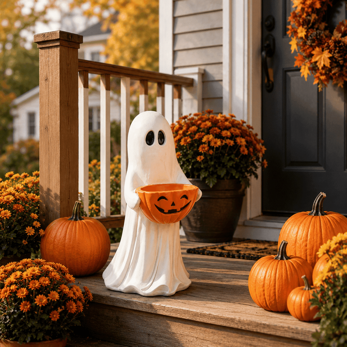 Clearance! Halloween Ghost Statue with Pumpkin Candy Bowl, 13.7 Inch Outdoor Ghost Figurine, Halloween Candy Holder Decoration for Porch Yard Patio Indoor Decor