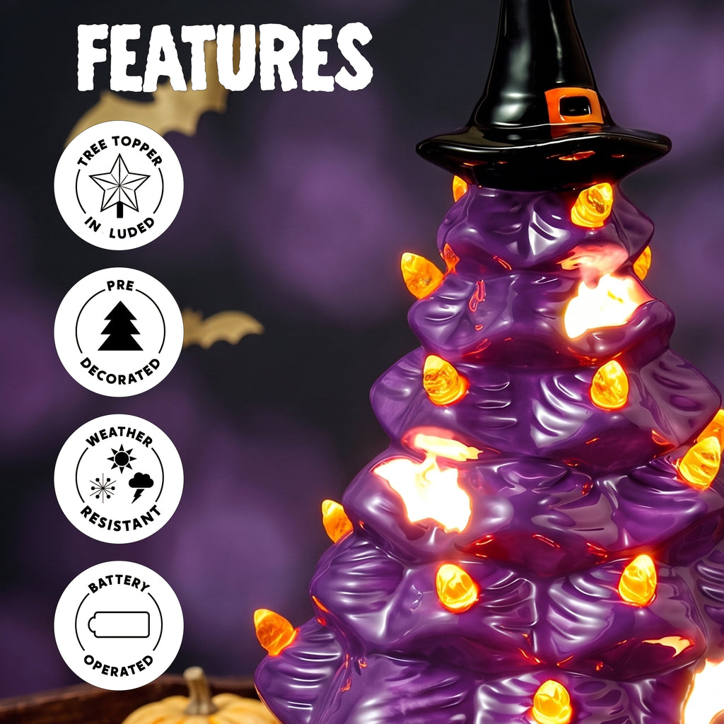 Joyfy 8.5 inch Halloween Decorations Ceramic Gnome Tree Decorations with Build-in LEDs,Light Up Pumpkin Table Decor Bedroom Indoor Centerpieces for Tables