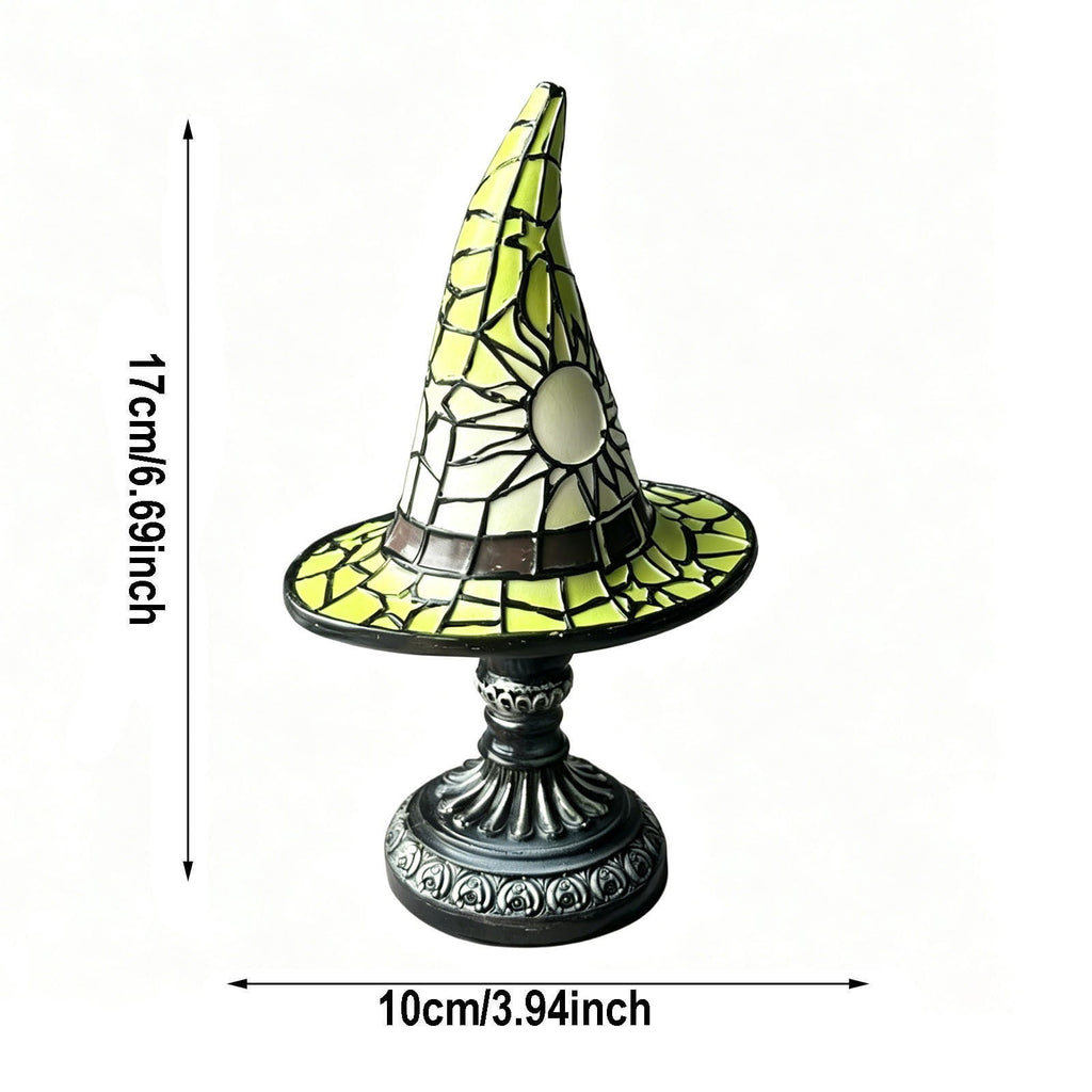 Stained Glass Witch Hat Lamp Gothic Halloween Lighting Decor, Vintage Witchy Hats Night Lights, Handcrafted Retro Resin Table Lamp for Bedroom, Living Room & Home Decor