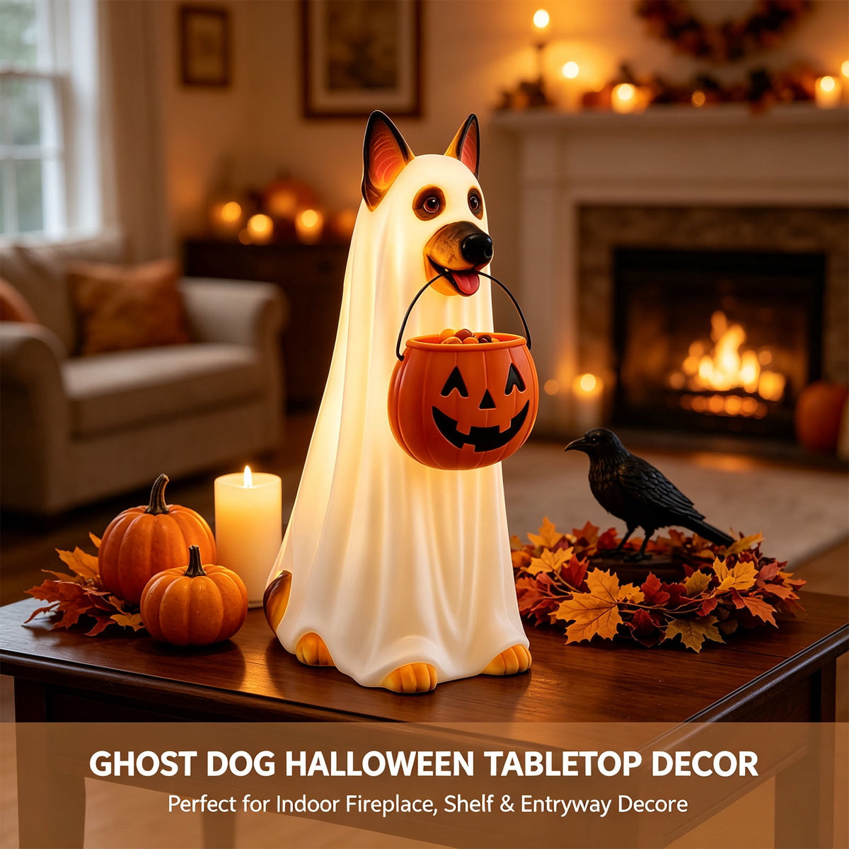Fall Decorations for Home, 7.9in Lighted Halloween Scarecrow Dog Figurine, Resin Thanksgiving Halloween Garden Dogs Figurines for Autumn Harvest Porch Yard Garden Decor