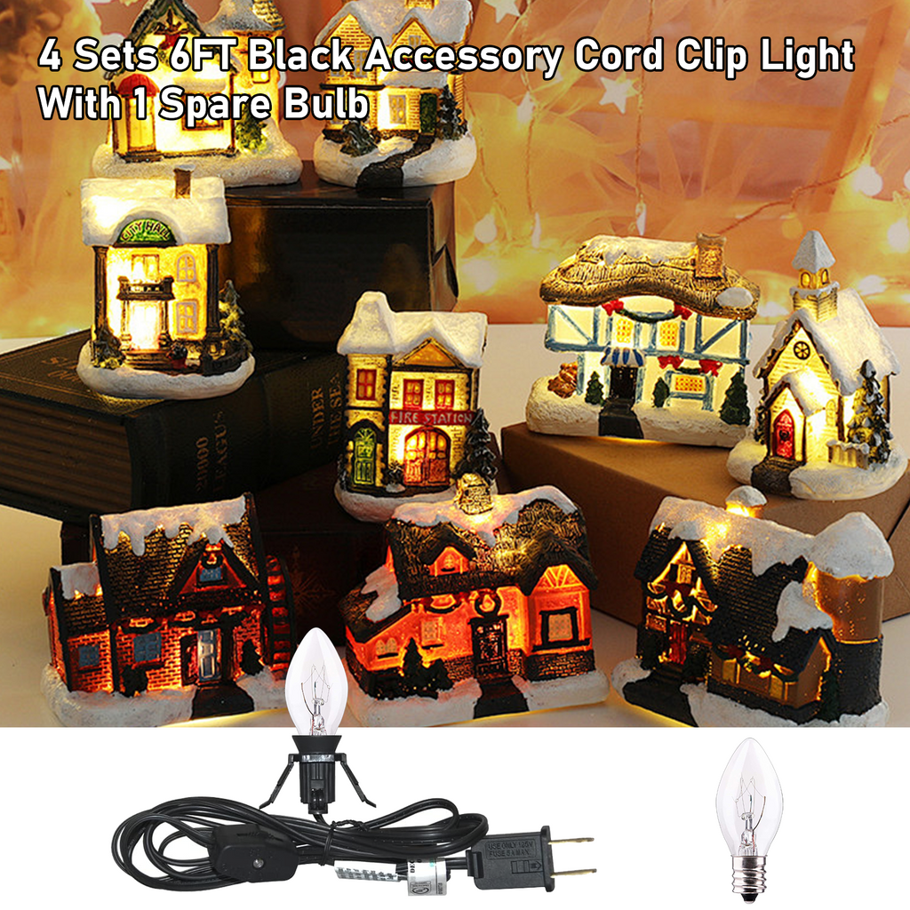 Set of 4 Accessory Cord with C7 Lights, Single Light with 4 Light Bulb, 6FT C7 Socket Clip Lights with On/Off Switch Plugs Perfect for Craft Village Halloween Christmas House Decoration
