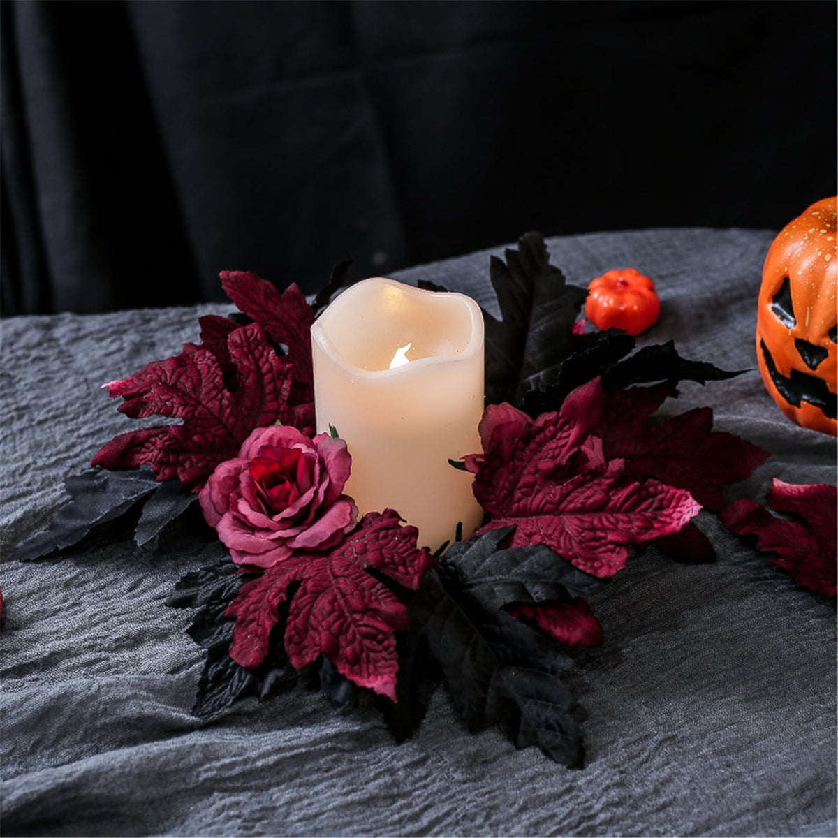 TETOU 2Pcs Halloween Candle Rings Wreath for Pillar Candle Holder, Maple Leaf Black Rose Small Wreaths for Fall Thanksgiving Home Table Centerpieces, Cabinet Decorations - Black