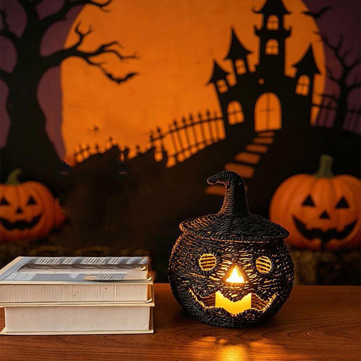 Sahpxhe Black Woven Pumpkin Basket with Lid Handmade Wicker Pumpkin Candy Baskets for Halloween Tabletop Mantel Candy Storage Decorations
